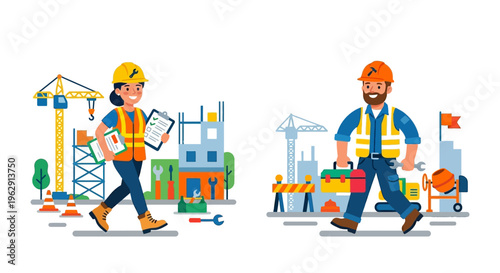 Construction workers with tools at a building site illustration style