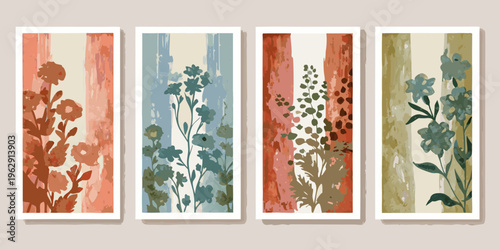Four vertical botanical art prints with colorful floral and plant designs