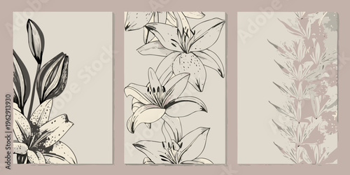 Elegant floral triptych featuring lilies and botanical line art