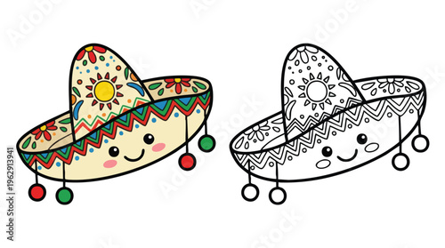 Cinco De Mayo Cute Sombrero Kawaii Character Coloring Page Activity