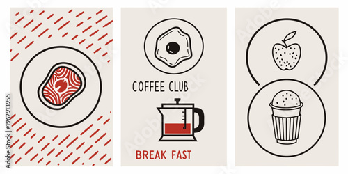 Breakfast themed illustrations with coffee pot and various food items