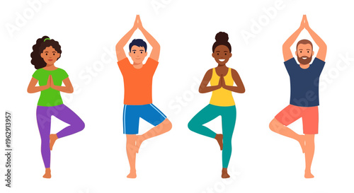 Four diverse people practicing yoga in a balanced tree pose