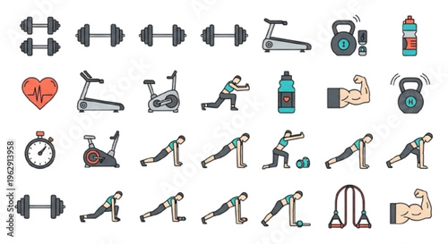 Fitness and workout icons, gym equipment, exercise poses, clean vector, white background