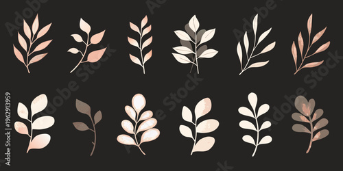 Collection of delicate stylized leaves in muted earthy tones