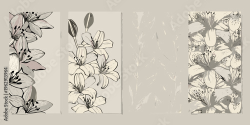 Elegant floral panels featuring stylized lily blooms in muted tones