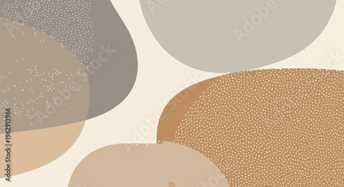 A neutral-toned abstract art piece featuring organic shapes, dotted texture