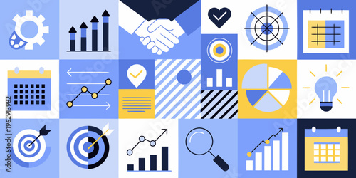 Business concepts and strategies illustrated through a colorful geometric collage