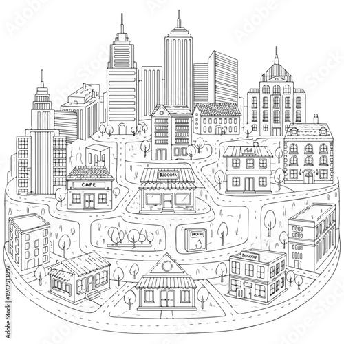 A detailed cityscape illustration with buildings, roads, and trees