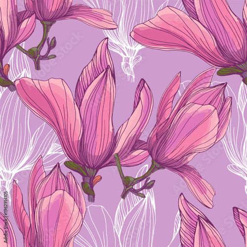 Beautiful pink magnolia flowers blooming on tree branches, spring floral background with large magnolia blossoms against blue sky, elegant botanical nature scene