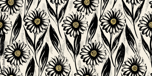 Floral pattern with black and white daisies and abstract foliage