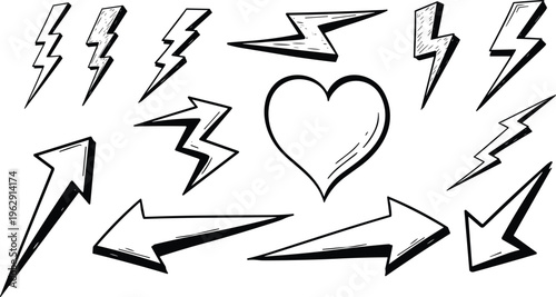 A collection of black and white illustrations of lightning bolts and arrows surrounding a heart