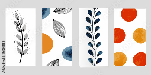 Four vertical panels showcasing abstract botanical watercolor designs