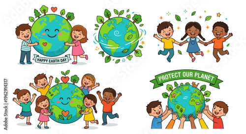 Children celebrating earth day with a globe and green foliage