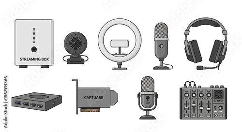 Professional Live Streaming and Podcasting Equipment Vector Icons Set Featuring Webcam, Microphone, Ring Light, Headset, Audio Mixer, and Video Capture Cards.