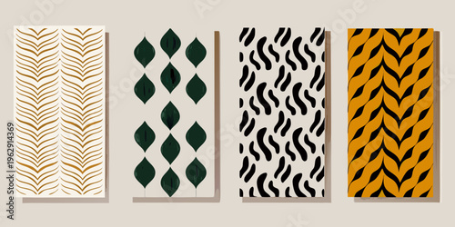 Four vertically oriented panels displaying abstract patterned designs