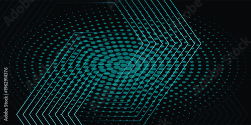 Abstract Cyber Cyan Hexagonal Wireframe with Halftone Dot Background