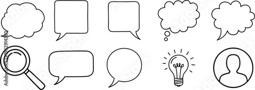 A collection of black and white line drawing speech bubbles and icons