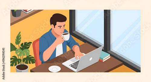 Man Drinking Coffee Working on Laptop Computer.
