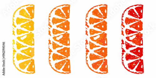 Four orange slices displaying a gradient from yellow to red