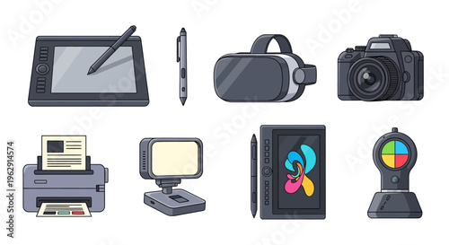 Vector illustration set of professional creative tools including a graphic drawing tablet, VR headset, DSLR camera, photo printer, and studio lighting gear.