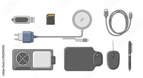Vector set of modern electronic gadgets and computer peripherals like USB flash drive, wireless charger, SD card, cable, mouse and stylus pen on white backdrop.