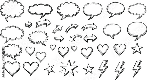 A collection of 30 hand drawn speech bubbles hearts stars and lightning bolts in a sketchy comic book style illustration