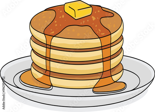 Stack of delicious pancakes with maple syrup, melting butter, and plate, breakfast food vector illustration