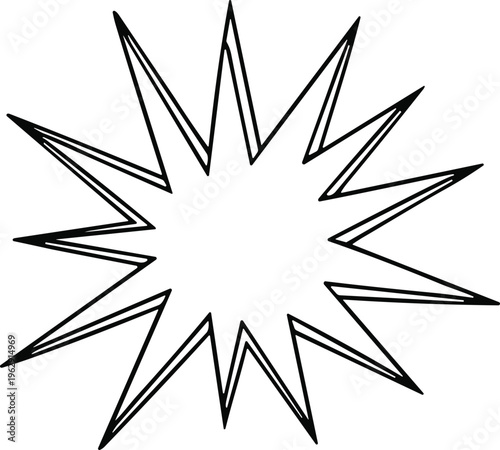A black and white line drawing of a starburst or explosion shape with sharp points