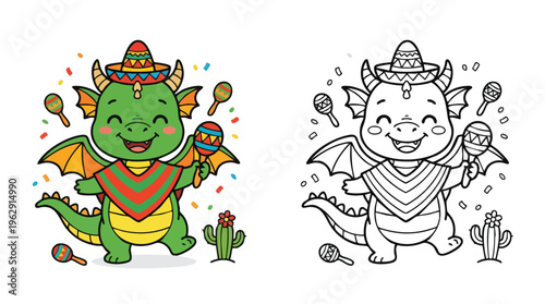 Cinco De Mayo Dragon Coloring Page with Sombrero Poncho Maracas and Cactus
