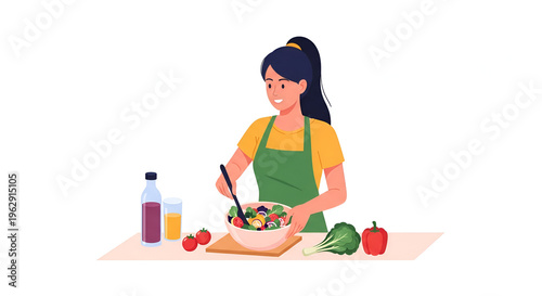 Woman happily preparing a healthy salad in the kitchen.
