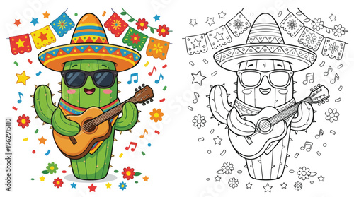 Fiesta Cactus Playing Guitar with Sombrero and Confetti Fun