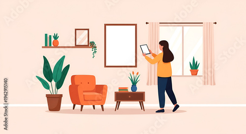 Woman holding tablet in modern living room interior.