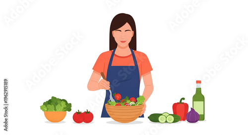 Woman preparing fresh healthy salad in kitchen.