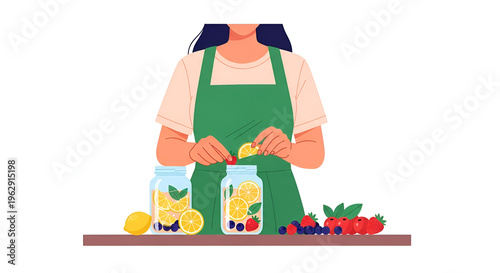 Woman preparing homemade fruit infused water in jars.