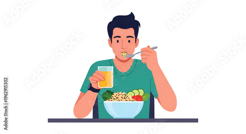 Young man eating healthy breakfast with juice.