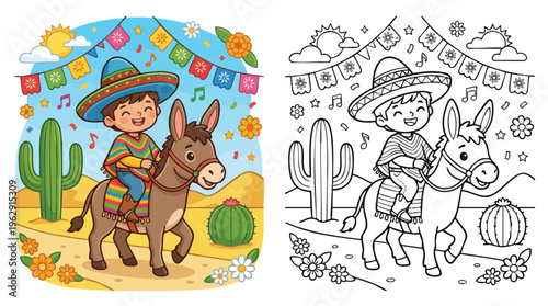 Cinco De Mayo Boy on Donkey Coloring Page Desert Scene