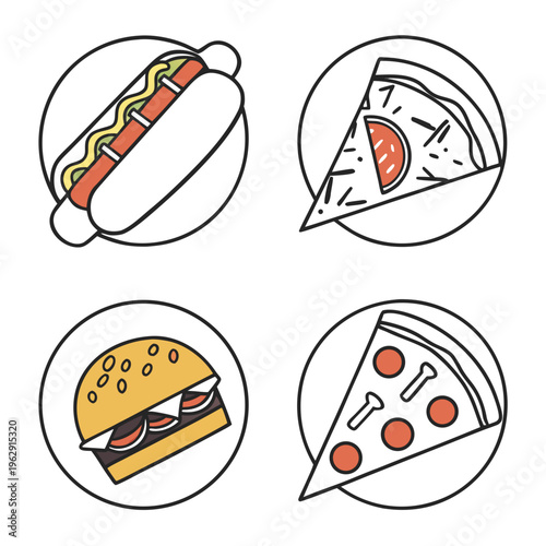 Fast food icons including hot dog burger and pizza