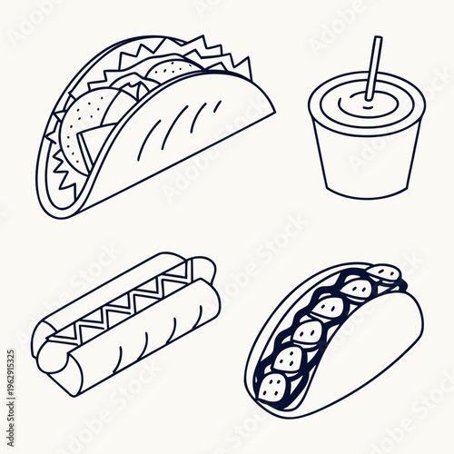 Tacos and hot dog with drink