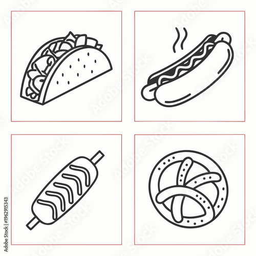 Taco hot dog corn dog and pretzel icons