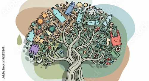 Whimsical tree with colorful crystals and objects in branches symbolizing growth and abundance in a fantasy setting with a mix of natural and magical elements