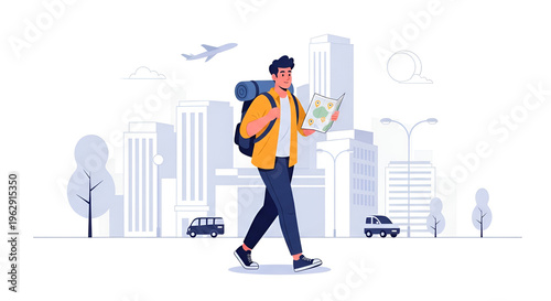 Young man with backpack exploring city map.