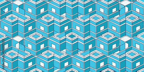 Intricate geometric pattern showcasing vibrant blue cubes forming a seamless, repeating tessellation design with depth and shadow effects