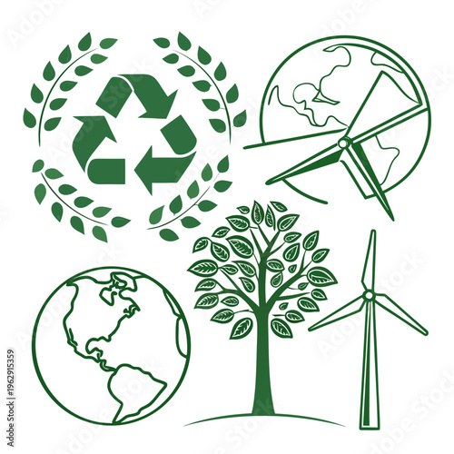 Eco friendly icons with recycling symbol and wind turbines