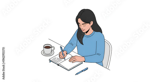 Young woman diligently writing in a notebook at a desk.
