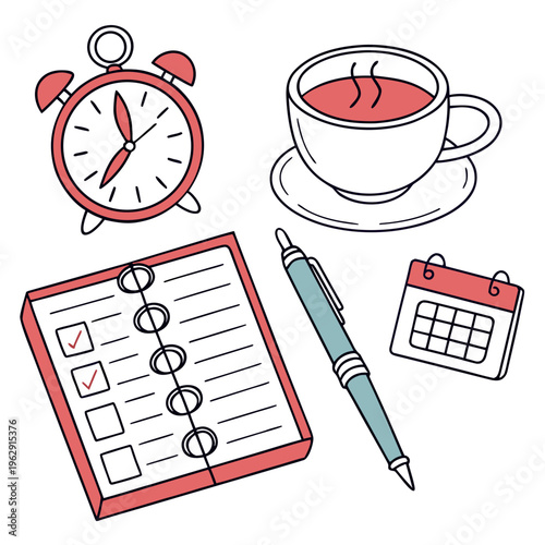 A set of stationery and a cup of tea