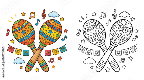 Cinco De Mayo Maracas with Music Notes and Stars Coloring Page