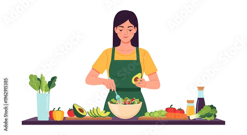 Young woman preparing a fresh healthy salad in the kitchen.
