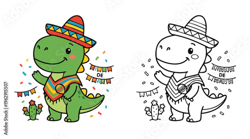 Cinco De Mayo Dinosaur Cute Cartoon Coloring Page Illustration