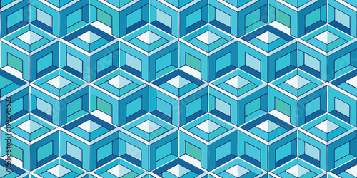 Geometric pattern showcasing interconnected cubes forming a seamless, repeating, abstract design with vibrant blue and white hues