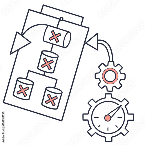 Gear turning a clock next to a clipboard with marked flowchart